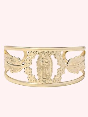 Gold Virgin Mary Open Cuff Bangle Bracelet with Feather & Floral Design